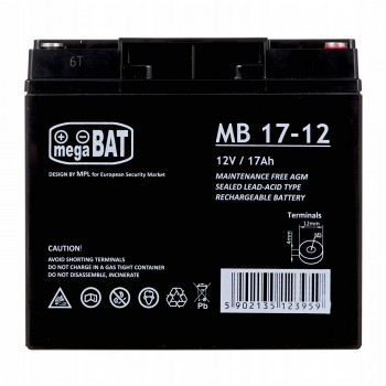 AGM „MegaBat“ 17-12 12 V 17 Ah akumuliatorius, skirtas signalizacijai, UPS, kasos aparatams ir stebėjimo sistemoms