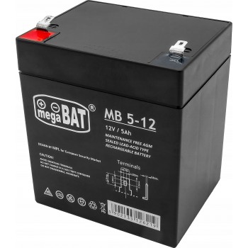 AGM „MegaBat 5-12“ 12 V 5 Ah akumuliatorius, skirtas signalizacijai, UPS, kasos aparatams ir stebėjimo sistemoms