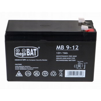 AGM „MegaBat 9-12“ 12 V 9 Ah akumuliatorius, skirtas signalizacijai, UPS, kasos aparatams ir stebėjimo sistemoms