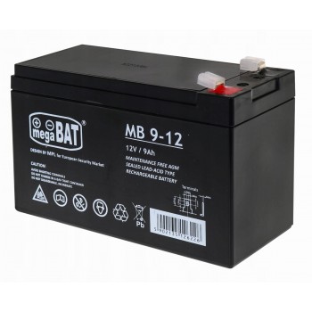 AGM „MegaBat 9-12“ 12 V 9 Ah akumuliatorius, skirtas signalizacijai, UPS, kasos aparatams ir stebėjimo sistemoms