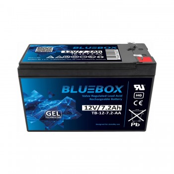GEL VRLA „Bluebox“ 7,2–12 l 12 V 7,2 Ah gelinis akumuliatorius, skirtas signalizacijos sistemoms, stebėjimo sistemoms, valdikliams ir UPS