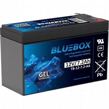 GEL VRLA „Bluebox“ 7,2–12 l 12 V 7,2 Ah gelinis akumuliatorius, skirtas signalizacijos sistemoms, stebėjimo sistemoms, valdikliams ir UPS