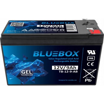 GEL VRLA „Bluebox 9-12“ 12 V 9 Ah gelinis akumuliatorius, skirtas signalizacijos sistemoms, stebėjimo sistemoms, valdikliams ir UPS