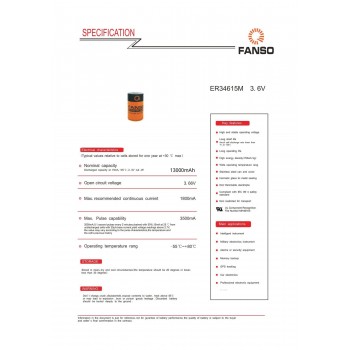 FANSO ER34615M 3,6 V 13000 mAh ličio akumuliatorius - LiSOCL2, D, LSH20, SB-D02/TC, SL-780/S, TL-4930, TL-5930