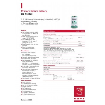 SAFT LS14250CNA ličio akumuliatorius su 3,6 V 1200 mAh Li-SOCl2 1/2AA laidu, ER14250S, SL-350, SL-750, XL-050FL, TL-4902, TL-5902