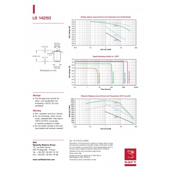 SAFT LS14250CNA ličio akumuliatorius su 3,6 V 1200 mAh Li-SOCl2 1/2AA laidu, ER14250S, SL-350, SL-750, XL-050FL, TL-4902, TL-5902