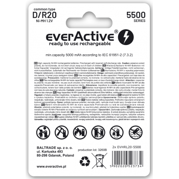 Akumuliatorius everActive R20 / D NiMH 1,2V 5500 mAh paruoštas naudoti 2B