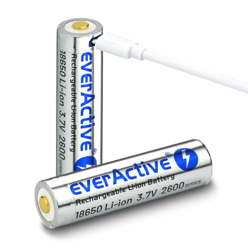 Baterija EverActive 18650 žibintuvėliams 3,7V / 2600 mAh / Li-Ion (pakraunami USB) su dėžute