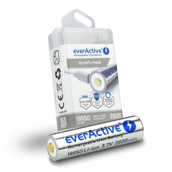 Baterija EverActive 18650 žibintuvėliams 3,7V / 2600 mAh / Li-Ion (pakraunami USB) su dėžute