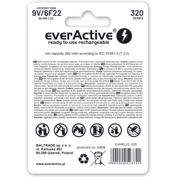 Baterija everActive 6F22, HR6FA, HR9F, 6AM6, K9V, PP3 9V 320mAh NiMH