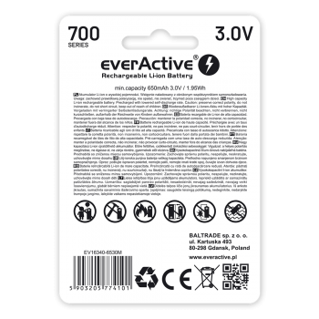 Baterija EverActive RCR123A / 16340 žibintuvėliams 3V / 700mAh / Li-Ion (pakraunami USB)