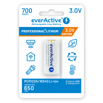 Baterija EverActive RCR123A / 16340 žibintuvėliams 3V / 700mAh / Li-Ion (pakraunami USB)