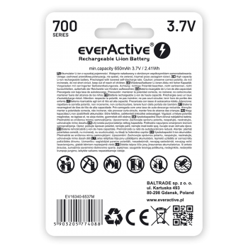 EverActive 16340 RCR123A 3,7 V 700 mAh Li-Ion mikro USB baterija su apsauga, skirta žibintuvėliams