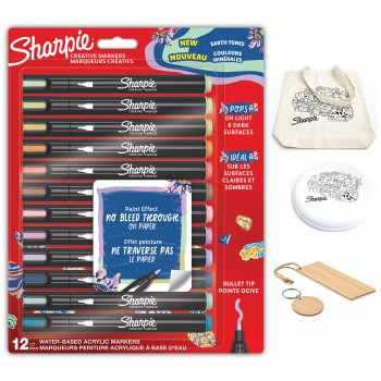 „Sharpie“ akriliniai žymekliai, žemės spalvų, 12 vnt. + priedai: knygų žymeklis, maišelis, raktų pakabukas