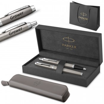 Parker IM Steel CT plunksnakotis ir tušinukas su graviūra / dėklas ir maišelis Dovanų rinkinys