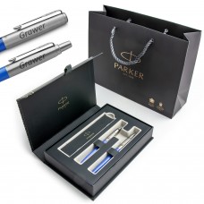 Parker Jotter Originals mėlynos spalvos plunksnakočių rinkinys elegantiškoje dovanų dėžutėje su graviravimu