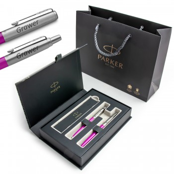 Parker Jotter Originals rausvos spalvos plunksnakočių rinkinys elegantiškoje dovanų dėžutėje su graviravimu