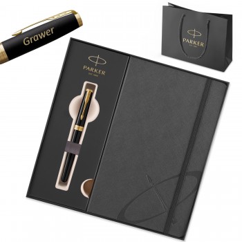 Parker Sonnet Black Lacquer GT (M) plunksnakotis dovanų rinkinys su graviūra / užrašų knygutė ir krepšelis