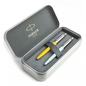 Parker Jotter Originals Yellow ir Pastel Blue Tušinukų dovanų rinkinys su metaliniu dėklu
