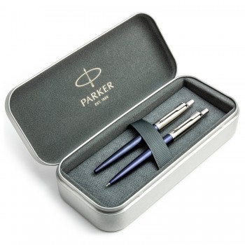 Parker Jotter Royal Blue CT tušinuko ir pieštukų rinkinys metalinėje dėžutėje